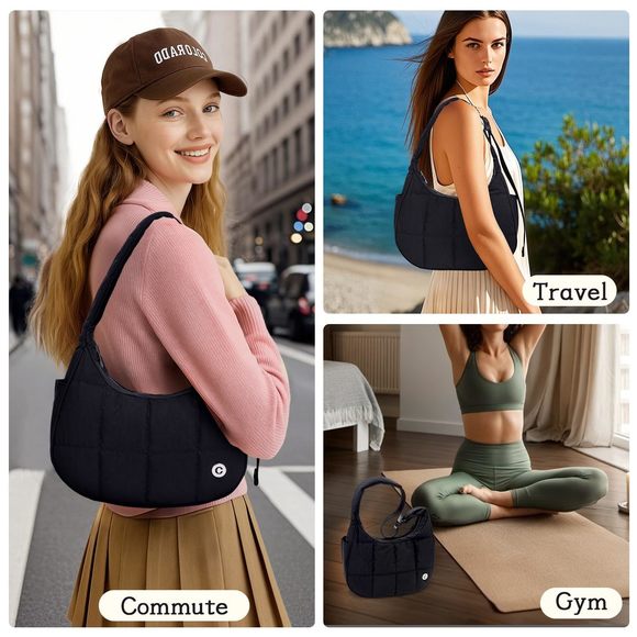 Puffer Shoulder Crescent Bag Nylon Hobo Bags Purse Small -_- - Picture 7 of 7